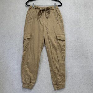 Zara Pants Womens XS Tan Cargo Jogger Elastic Cuff Tie Waist Belted Pockets
